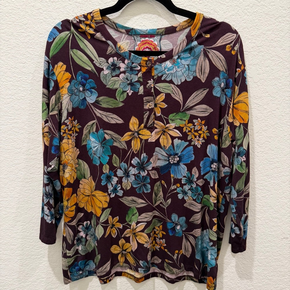 Johnny Was Floral Henley Top Burgundy Plum Long Sleeve Botanical Print Size M